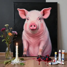 “ a portrait in an emo piggirl ’ s apartment, sensual, a pig theme, art supplies, paint tubes, ikebana, herbs, a candle dripping white wax, black walls, squashed berries, berry juice drips, acrylic and spray paint and oilstick on canvas, surrealism, neoexpressionism ”