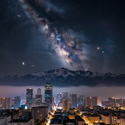a beautiful double exposure of a deep field astrophotography image by hubble in the sky, and a night time landscape with towering mountains above a cyberpunk city, skyscrapers, aircraft, mist, crescent moon, snow, lpoty, award winning, wide angle, street view, apod, low noise, detailed, sharp