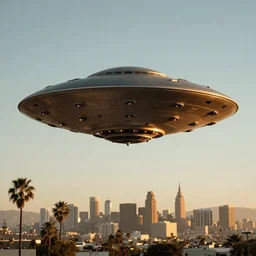 actual photograph of UFO hovering over LA, award winning, golden hour,