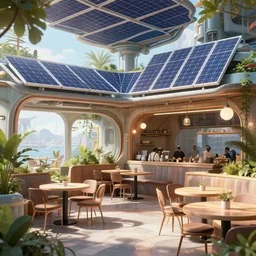 a futuristic utopian solarpunk cafe with solar energy panels