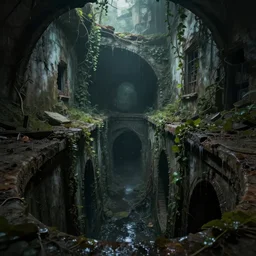 inside the old sewers in the ruined part of the city. fantasy art, dripping water, vines, ruins, abandoned spaces, danger, dark, dungeon.