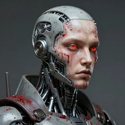 futurist half human half robot soldier, art by leyendecker, head and shoulders portrait, blood, cyberpunk, cybernetic implants, face painting, very intricate, award winning, extreme details
