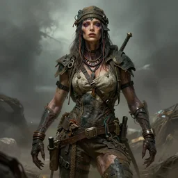 a female monstrous inhuman humanoid post - apocalyptic godzilla dressed like a scavenger in the style of leonard boyarsky in the style of frank frazetta trending on artstation deviantart pinterest furaffinity detailed realistic high resolution hd 8 k