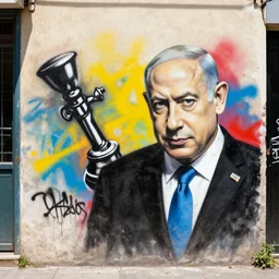 benjamin netanyahu, graffiti, photograph, made by banksy, vivid colors, spray brush, midday, sunny, professional