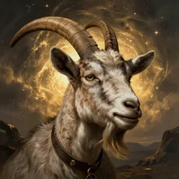 goat, head and shoulders masterpiece, apocalypse, golden hour, cosmic horror, artstation, in the style of goya, extremely detailed