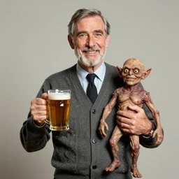 mr. rogers proudly displaying a pint - sized slimy flesh demon. 1 9 7 0 s studio photo.
