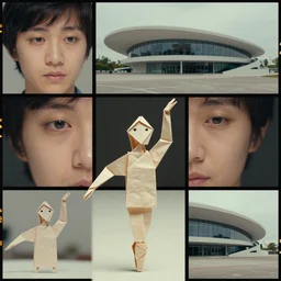 beautiful three point perspective film still of funky pop origami character study scene in merce cunningham, extreme closeup portrait in style of frontiers in miniature porcelain photography fashion architectural art studio seinen manga edition, holly herndon origami statue, pointe pose, tilt shift zaha hadid theatre background, soft lighting, kodak portra 4 0 0, 8 k, macro, cinematic style by emmanuel lubezki