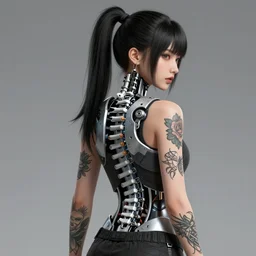 pretty asian woman with a black ponytail, tattoos on arms, cybernetic spinal implant, concept art, n-6