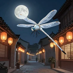 Chinese white dragon flies at us over an ancient Chinese street at night in the moonlight, the street is lit with Chinese lanterns, illustration, artstation