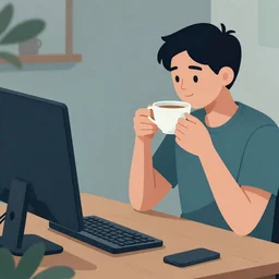 hyper realistic illustration of a person using a computer and taking a tea rate