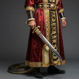 Man with snake tail dressed in ceremonial robes and holding an ornate dagger