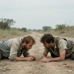 two men dying of thirst in ragged clothing crawling to each other from opposite sides, satire, comedy