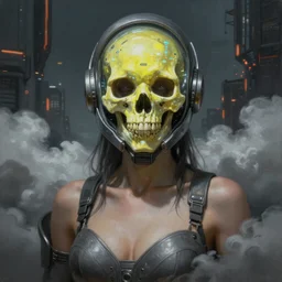 ultra realist and ultra intricate detailed soft painting of a beautiful sci-fi armored male, helmet with holographic yellow skull over face, symmetry features, sensual gloomy style, volumetric clouds, cyberpunk burning building background, artstation,  unreal render, depth of field