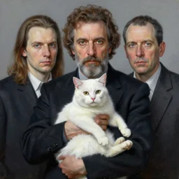 very very intricate hyperrealistic painting of hasanabi holding a white cat by andrei tarkovsky, adrian ghenie, storm thorgerson, award - winning crisp details, masterpiece