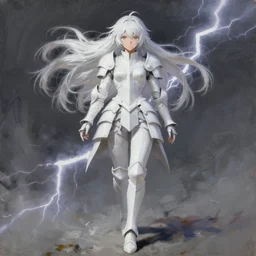 oil painting, white, sakimi chan, fantasy armor, detailed face, walking, tony sart, wind, lightning, dramatic lighting