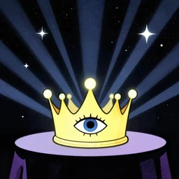 a glowing crown sitting on a table with one beautiful eye mounted on it like a jewel, stars on top of the crown, night time, vast cosmos, geometric light rays, bold black lines, flat colors, minimal psychedelic 1 9 9 0 s magazine illustration