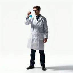 stern scientist in lab coat with flask, cinematic studio photo, full body, standing, isolated on a pure white background, centered, whole figure in frame, sharp focus, studio lighting