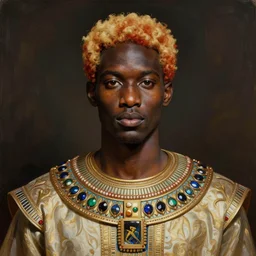 a professionally photographed african male model , clothed in ancient suit, dark skin, red gold hair, beautiful bone structure, symmetrical features, stunningly beautiful, intricate, elegant, digital painting, smooth, sharp focus, illustration, made by Sam Gilliam, Edmonia Lewis,