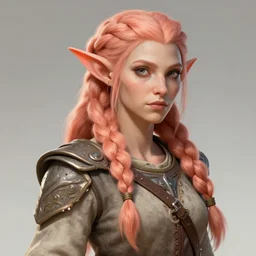 female firbolg from dungeons and dragons with long braided peach color hair wearing an old tunic, d & d digital character illustration, artstation trending, dungeons and dragons female octane render, intricate, sharp focus, illustration, highly detailed, digital painting, concept art, matte, character art by prywinko art, amazing art of aloy horizon zero dawn, studio quality, masterpiece