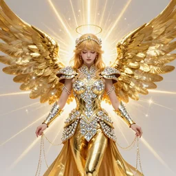 golden angel with wings, wearing diamond armor shining light, jewelry pearls, god rays by Karol Bak, Ayami Kojima, Amano