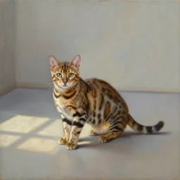 museum painting, medium - shot, small bengal cat, oil painting, dreamy, early morning light, light squares on the floor, matte painting, masterpiece, alicia rius, perov, rembrandt