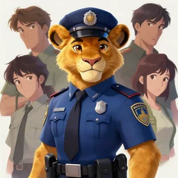 beautiful portrait of a female anthropomorphic lioness fursona wearing a police uniform. character design by disney, charlie bowater, ross tran, artgerm, and makoto shinkai, detailed, soft lighting, rendered in octane