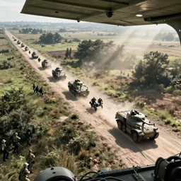 a photo of world war second, troops and armoured vehicles moving, view from plane