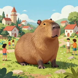 Giant Capybara stands next to a town, surrounded by people, digital art, trending on ArtStation, Gulliver's Travels