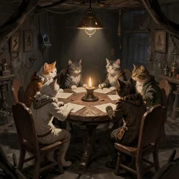 a group of cats playing dungeons and dragons around a table in a dark cellar. concept art. sketch. artstation. hq