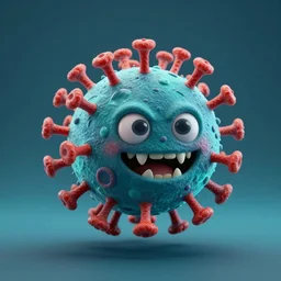 a studio shot of a deadly virus as 3 d character against a dark cyan backdrop. it is sinister, cute, evil and friendly.