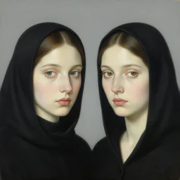 a surreal painting from 1 9 5 2 of two women wearing black hoods