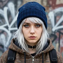 highly detailed closeup portrait of a sewer punk lady student, beanie, harris tweed hoodie, frosty white hair by atey ghailan, by greg rutkowski, by greg tocchini, by james gilleard, by joe fenton, by kaethe butcher, gradient, blue, black, brown and cream color scheme, grunge aesthetic!!! white graffiti tag wall background