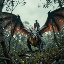 a dragon and its rider staring through the forest brush into the unknown