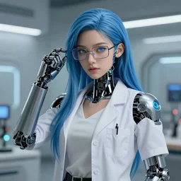 Hot young woman, mad scientist, wearing lab coat and a blouse, wearing glasses, long blue hair, cybernetic eye, robotic left arm, cybernetic, futuristic, hyperdetailed, digital art, artstation, concept art, 4k, 8k
