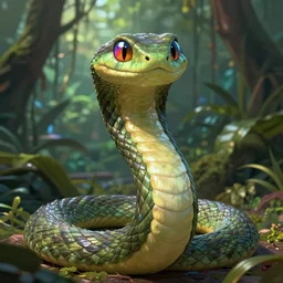 anthropomorphic snake creature, with its upper body close to the one of a human, including chest and arms, while also having characteristics of a snake. lower part one big snake tail. drawn like a furry art piece, looking directly at the viewer, their eyes a multitude of colors. the background is an endless jungle. snake, naga, furry, digital art, hd