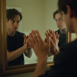 Man holding hands with his reflection in the mirror, award winning movie still, 35 mm, cinematic, Blumhouse