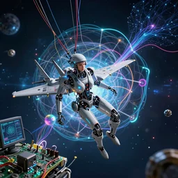 dark aeronautical scene foreground : a beautiful robot fighter pilot is battling, suspended by luminous intricate organic and colorful electric cables and wires and fiber to the jet cockpit computer motherboard, experiencing the quantum field cinematic highly detailed realistic beautiful cosmic neural network o