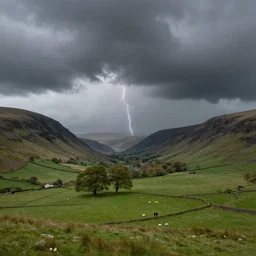 artwork of the cinematic view of a landscape of the eden valley of cumbria by john howe, thundery weather, thunders in sky, couple of groves, sheep pasture, landscape view