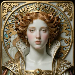 artwork by james jean, beautiful young medieval queen by james jean, jean delville, iris van herpen, raymond swanland and alphonse mucha, face centered portrait, highly detailed, hyper - real, smooth polished porcelain, art nouveau, ornate gothic icon with heavy patina, ultrasharp hyperdetailed photorealistic octane render