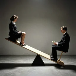 a seesaw with a businesswoman on the left and cash on the right, photographed by Diane Arbus