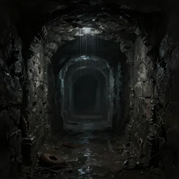 fantasy, wet stone dark underground corridor, water dripping from the ceiling, dark, darkness, underground, dungeon, the smell of rot, dark, atmospheric, claustrophobic, stylized, low-key lighting, minimalism, textures, painterly, haggard, disheveled, decaying, weariness, dirt, grimy, filthy, digital art, fantasy artwork, art by Andreas Rocha, Andreas Rocha