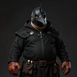 a portrait, a chubby humanoid wearing a pointy bird style black plague doctor mask, realistic, short in stature, wearing black medieval robes, medical doctor, small vials and pouches attached to belt, pointy mask, lobster hands, style by donato giancola, wayne reynolds, jeff easley dramatic light, high detail, cinematic lighting, artstation, dungeons and dragons