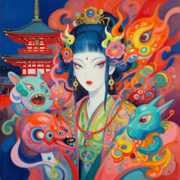 acrylic painting of a bizarre psychedelic woman in japan surrounded by fury, mixed media collage by basquiat and jackson pollock, maximalist magazine collage art, retro psychedelic illustration