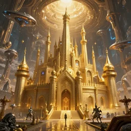 highly detailed gold majestic in the entrance castle kingdom of shambala, space ships, futuristic, land of advanced races, giant, hollow earth infographic, hiperrealistc, global illumination, radiant light, detailed and intricate environment, trending on artstation, art by oleg oprisco, 8 k