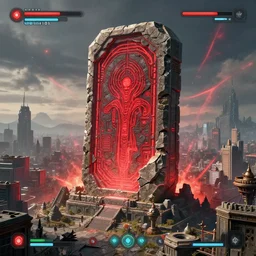 a huge towering and broken stone tablet with red light + alien pattern, stands in the center of a prosperous city at the end of the world, and the power and energy is explode, secret, mysterious, doomsday, landscape, video game control, quantum break, arknights
