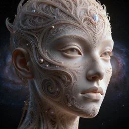 intricate hyper detailed ultra sharp 3 d render, unsplash transparent fractal, galaxy in the background, intricate details, human face, facial features, elegant, hyper realistic, ultra detailed, octane render, volumetric cinematic lighting, 8 k post - production