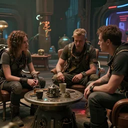 impressive small cinematography scene featuring bio - punk aesthetic furniture. close shot of characters discussing an important topic. film still from the new live - action adventure movie. special effects from the studios called industrial light & magi, imageworks, rhythm & hues, weta, blur studio, blue sky studios, sony pictures.