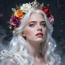 emma stone, portrait, colorful and vibrant majestic white queen open wide eyes drops a tearwith flowers on her hair, glowing light orbs, intricate concept art, elegant, digital painting, smooth, sharp focus, ethereal opalescent mist, outrun, vaporware, cyberpunk darksynth, ethereal, ominous, misty, 8 k, by ruan jia and miho hirano, rendered in octane