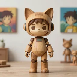 sculpture beautiful realistic character, wooden design art toys collection very cute figurine android robot cat ears cyberpunk, photorealistic, gallery of art in background, concept art cgsociety style popart, studio ghibli