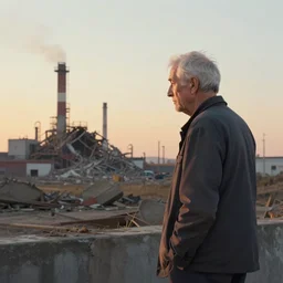 a sad solitary old man looks on as in the evening sunlight as in the distance a factory is demolished, by jessica rossier